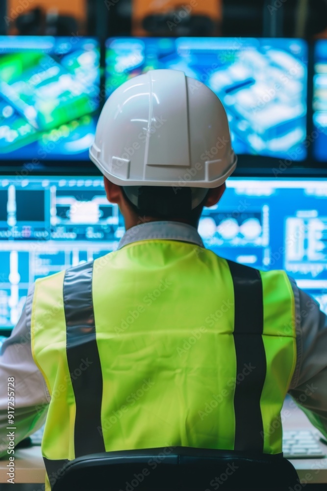Fototapete Engineer wearing safety vest and helmet working with cad software on multiple computer screens