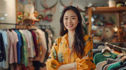 Fototapeta premium Online Clothing Business! Self-confident Asian Fashion Business Owner and Social Media Influencer Livestreaming Clothes, New Arrivals at Home