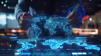 Professional analyzing global business metrics with a 3D holographic world map and networking software