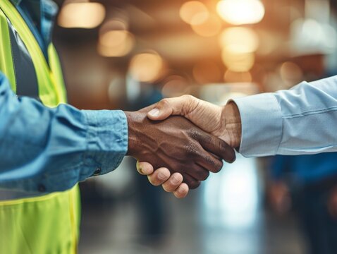 Manager shaking hands with construction worker in warehouse