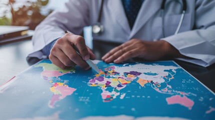 A researcher analyzing global health trends on a world map