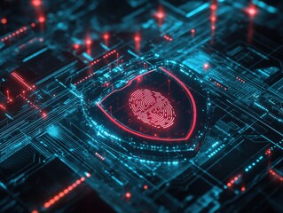 Futuristic digital shield with fingerprint, symbolizing cybersecurity and data protection in a high-tech environment.