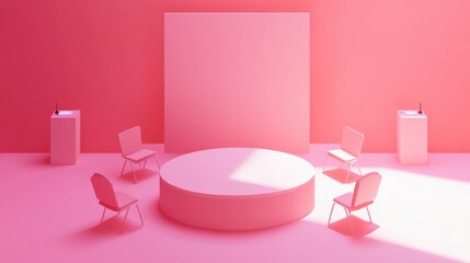 Futuristic Political Assembly Room in 3D Isometric View on Pink Background - Modern and Stylish Design Concept