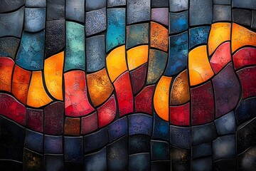 Fototapeta premium Mosaic abstract art featuring a vivid array of bright colors such as fiery reds, brilliant oranges, deep blues, and vibrant yellows, all intricately arranged against a dark, almost black background