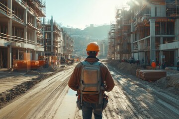 Fototapeta premium Construction worker with a back brace lifting heavy objects, active site, sunny day, [spine support], [manual labor safety], Copy space for text, No logo, No Trademark, No text