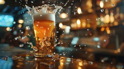 A glass of beer is splashing water on a table