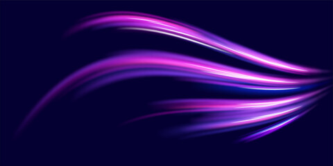 Abstract neon light rays background. A Colorful Motion Background of City Light Trails. Purple glowing wave swirl, impulse cable lines. Long time exposure.