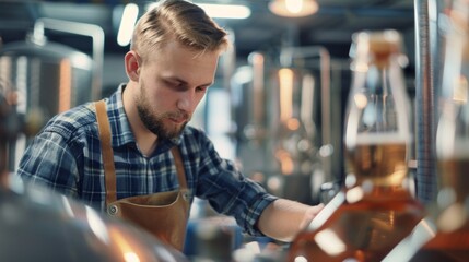 Fototapeta premium A man in a blue plaid shirt is working in a brewery