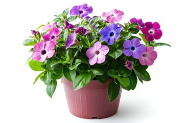 Colorful vinca flowers in the pot isolated on a white background