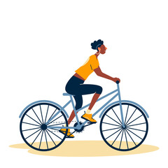 Obraz premium Happy black woman cycling, enjoying bicycle travel. Person riding bike, eco-friendly green transport. Young smiling girl cyclist, side view. Flat illustration isolated on white background.