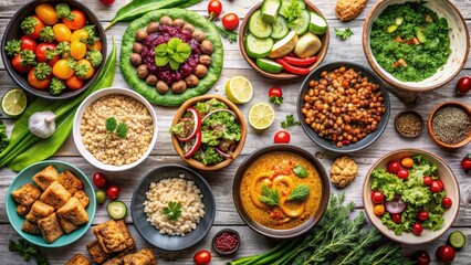 Fototapeta premium Assorted vegetarian dishes with empty space featuring plant-based food, vegetarian, plant-based, healthy, colorful, variety