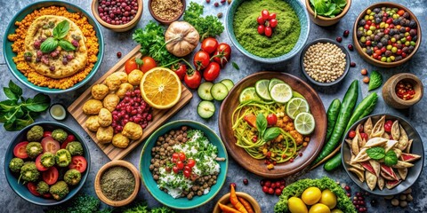 Fototapeta premium Vibrant spread of fresh vegetarian dishes and plant-based meals , vegetarian, plant-based, fresh, colorful, healthy, vibrant