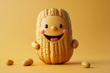 Happy peanuts with face, 3d cartoon character on dark beige background. Copy space for text. Concept: animated nut, cute character, healthy food