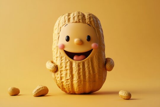 Happy peanuts with face, 3d cartoon character on dark beige background. Copy space for text. Concept: animated nut, cute character, healthy food
