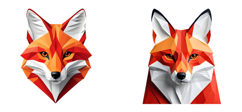 A stunning paper art style geometric red fox face illustration, isolated on a transparent or white background.