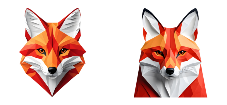 A stunning paper art style geometric red fox face illustration, isolated on a transparent or white background. - Powered by Adobe