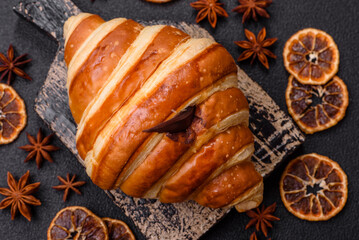 Delicious crispy sweet croissant cornet with chocolate