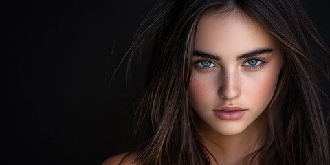 Fototapeta premium Close-up portrait of a woman with blue eyes and dark hair