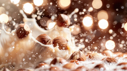 A high-speed photograph of hazelnut milk splashing, hazelnuts mid-air, dynamic, close-up view, near a background of bokeh lights
