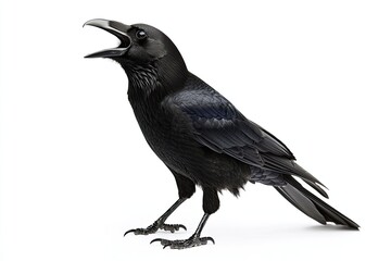 Crow standing and cawing isolated on a white background