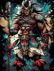 A vibrant warrior character with tribal elements, showcasing strength and cultural heritage.