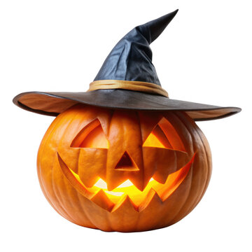 Glowing Halloween pumpkin carved with a jack-o'-lantern face, wearing a black witch hat, perfect for Halloween decorations and festive designs. Isolated on transparent background, png.