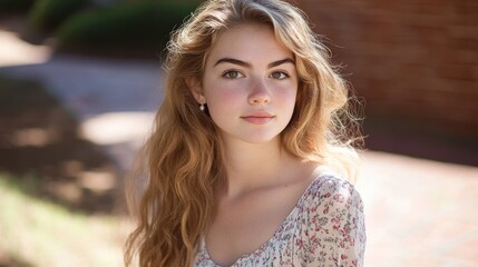 Fototapeta premium Young woman with long hair enjoying a sunny day outdoors