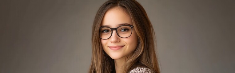 Obraz premium Young woman with glasses smiles warmly against a neutral background