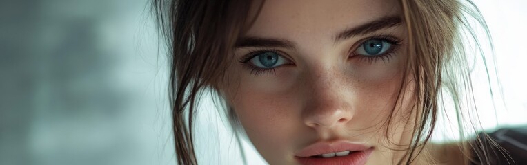 Obraz premium Close-up of a young woman with striking blue eyes in soft natural light
