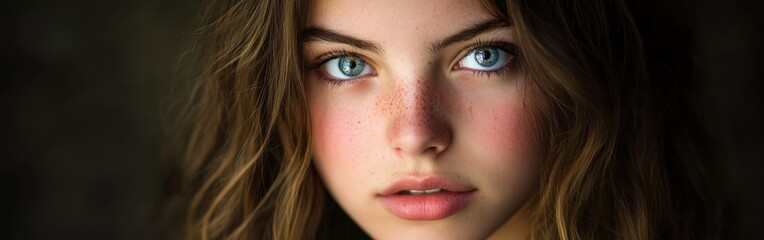 Obraz premium Young woman with striking blue eyes and natural makeup in soft lighting