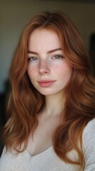 Fototapeta premium Young woman with auburn hair and freckles in soft natural light