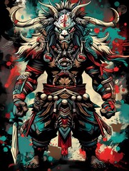 Fototapeta premium A fierce warrior with a tribal mask and ornate armor, holding a sword in a vibrant design.