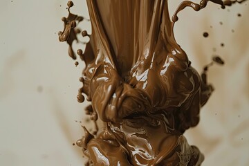 Capture a stream of melted chocolate pouring in slow motion, creating a delicate, veil - like structure as it falls