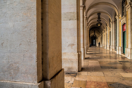 Detail of an arcade surrounding praca do comercio in Lisbon, Portugal.