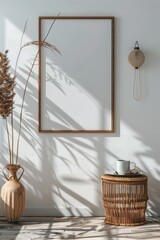 Empty poster frame in a bohemian styled interior with natural light