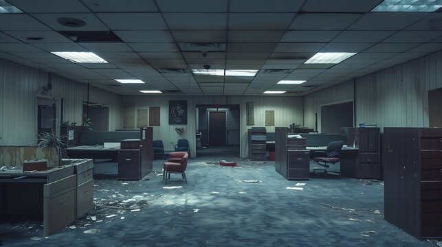 A realistic photo of an empty office space with vacant cubicles, overturned chairs, and dark offices. The cloudy sky and dim lighting add to the sense of desolation.