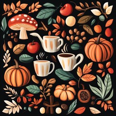 Retro Art Deco composition featuring autumn motifs and warm drinks