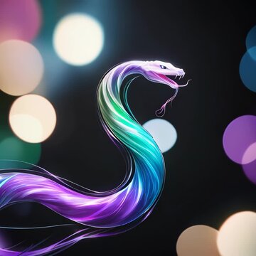digital illustration of a serpentine dragon in motion with swirling hues of purple, blue, and green neon colors. Intro, Chinese calendar. Snake and dragon, symbol of year