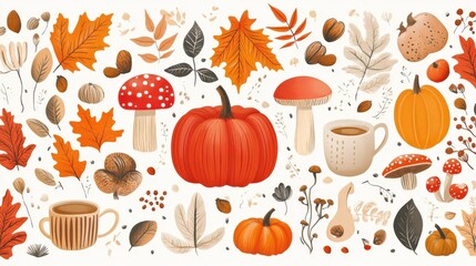 Autumn motifs in retro Art Deco style with pumpkins and leaves