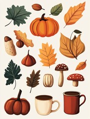 Autumn motifs with pumpkins and leaves in retro art deco style