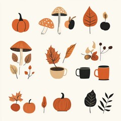 Retro Art Deco autumn motifs featuring leaves, pumpkins, and mushrooms