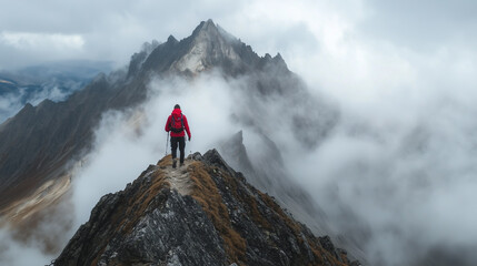 Hiker Walking on a Narrow Mountain Ridge