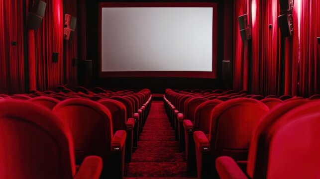 Empty movie theater with red seats and curtains, waiting for audiences to enjoy a film on the large screen. Perfect for cinema-related content.