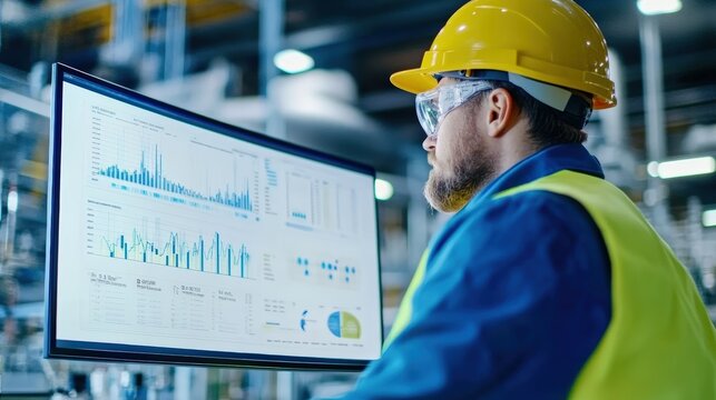 Engineer in hard hat and safety vest analyzing data on computer screen in modern manufacturing facility, monitoring real-time water quality metrics and system performance.