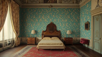 Ornate Bedroom with Floral Wallpaper and a Four-Poster Bed