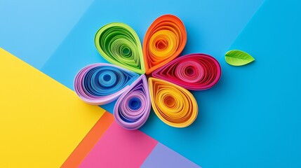 Obraz premium A colorful paper flower with a leaf on top. The flower is made of different colored paper and is placed on a blue background. Concept of creativity and artistry, as well as a feeling of freshness