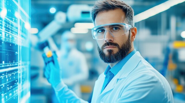 Scientist in modern laboratory analyzing digital data on a transparent screen, wearing safety goggles and lab coat, advanced technology workspace.