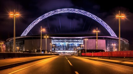 Night View of a Stadium with an Illuminated Arch