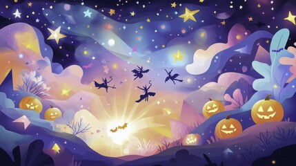 Witches Fly Past Jack-o-Lanterns