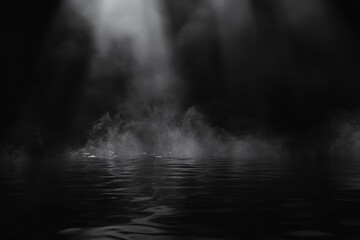 Fototapeta premium Foggy water surface illuminated by gentle beams of light at night